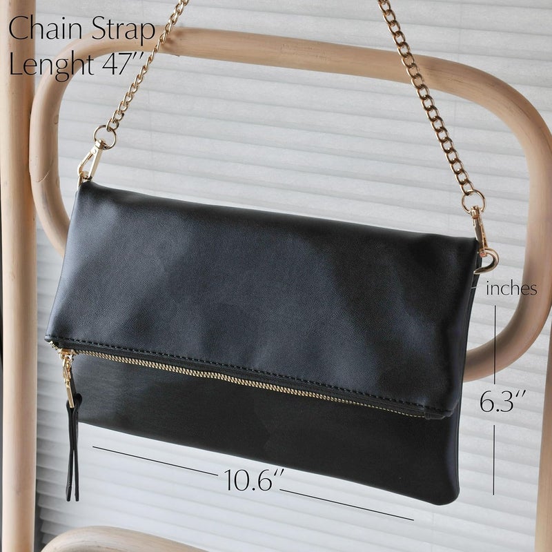 Hoxis Women's Zipper Foldover Clutch Vegan Leather Envelope Cross body Bag with Chain Strap - Image 3